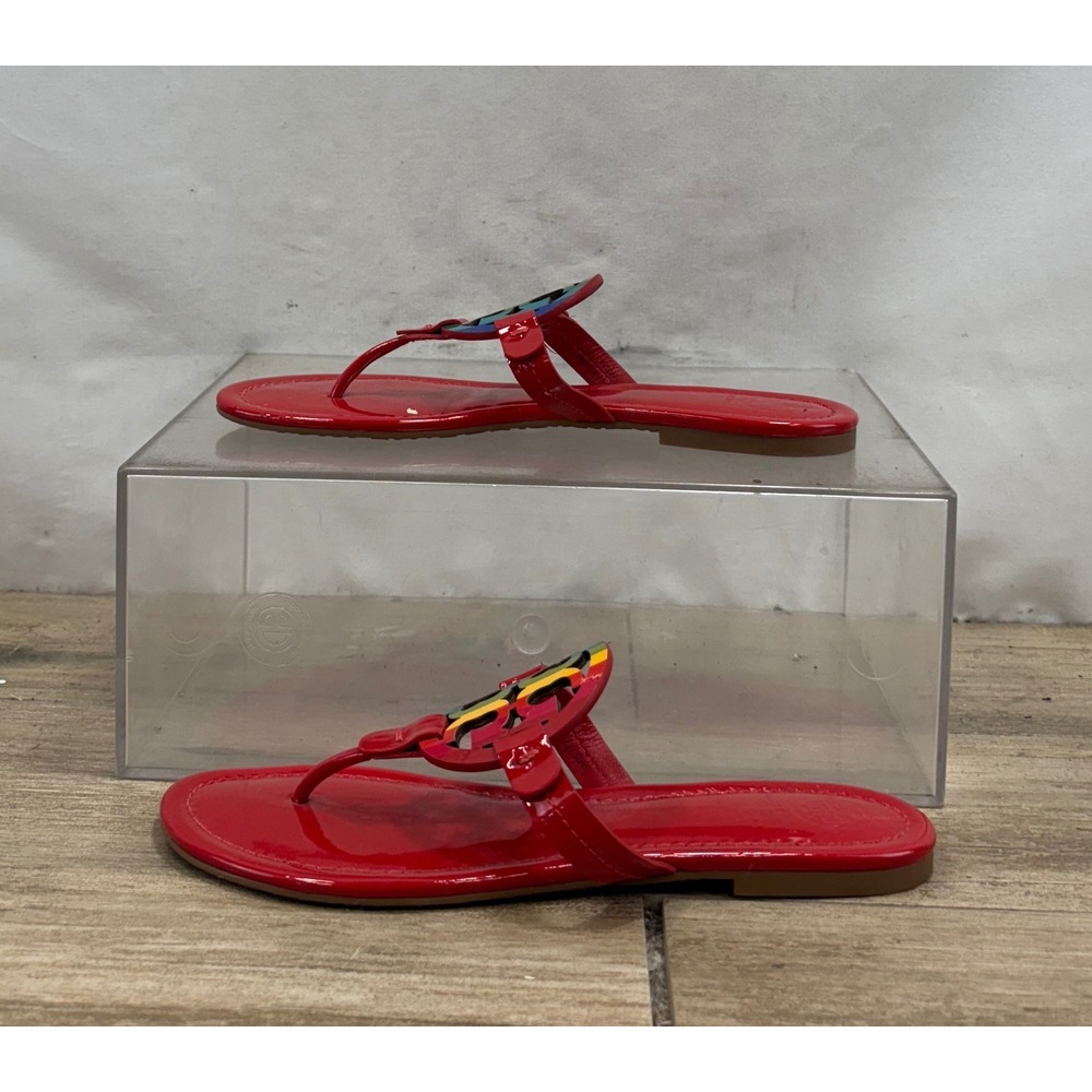 Tory Burch Miller Rainbow Logo Red Patent Leather Flip Flops Sandals - Picture 9 of 11